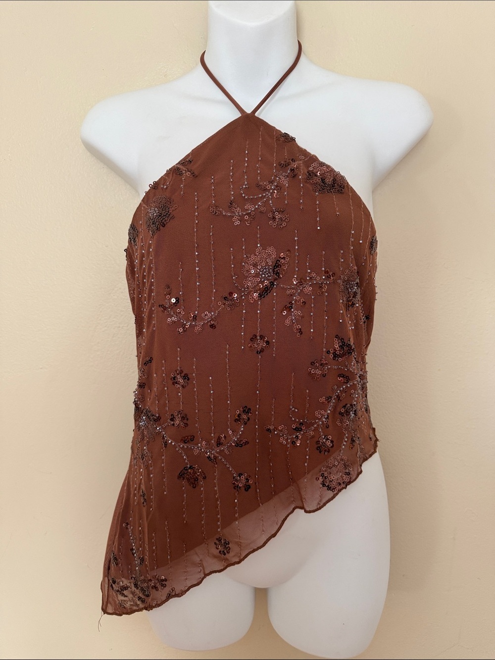 feathers Brown Beaded Halter Neck Asymmetric Blouse
